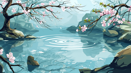 创意手绘公园山水树木风景插画蓝色中国风水潭