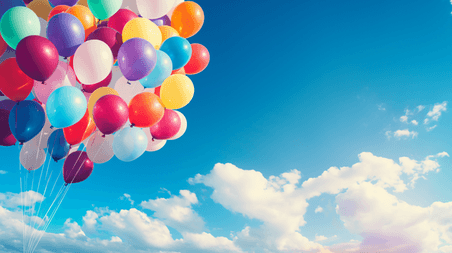 创意蓝天白云下的彩色气球浪漫快乐儿童节