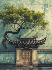 创意中国风古典建筑风景插画23中式意境庭院