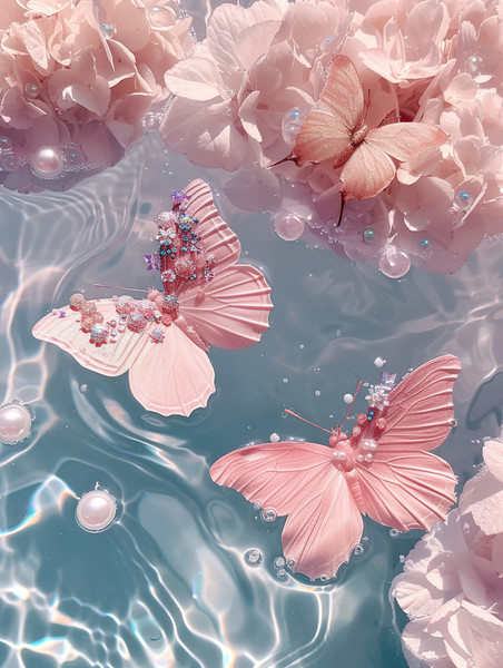 创意粉色浪漫壁纸水池中珍珠水晶蝴蝶淡粉色插画素材