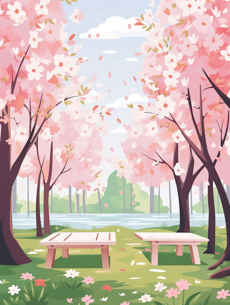 卡通文艺春天创意樱花树下长椅野餐插画海报