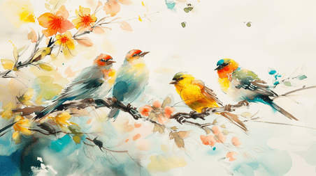 创意水彩花鸟春天彩色水彩树枝上的鸟插画20