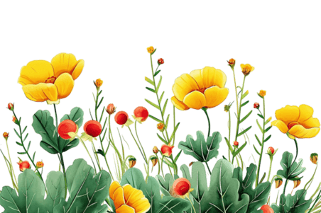 创意春天手绘黄色花朵绿叶子免抠元素