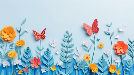 创意春天剪纸蝴蝶简约粉蓝色场景平铺花朵花瓣的背景图17