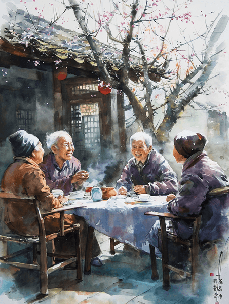 创意老年朋友欢聚喝茶聊天国画中国风插画