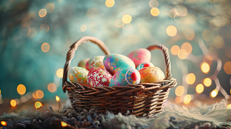 创意梦幻草地上篮子的彩蛋复活节素材