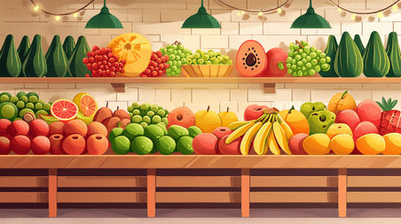 创意手绘水果店各式各样水果场景超市货架插画10