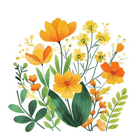 创意春季花朵黄色花草植物春天手绘插画元素