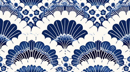 创意蓝白扇形图案无缝图底纹花纹海浪扇子花朵背景素材