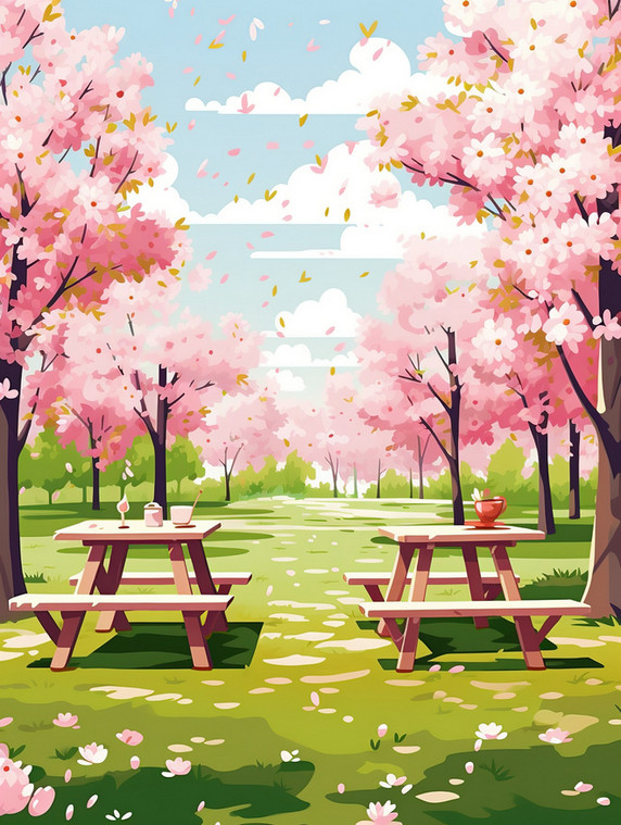 创意卡通文艺春天樱花树下长椅野餐素材