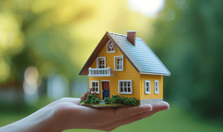 创意资产贷款房贷贷款房产在手里托住房子模型特写
