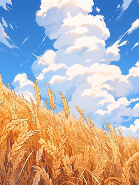 创意蓝天白云的映衬金色的麦浪麦田丰收插画图片