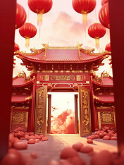 创意年货中国风国潮中式建筑新年红色大气背景