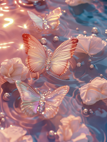 创意紫色浪漫壁纸水池中珍珠水晶蝴蝶淡粉色原创插画