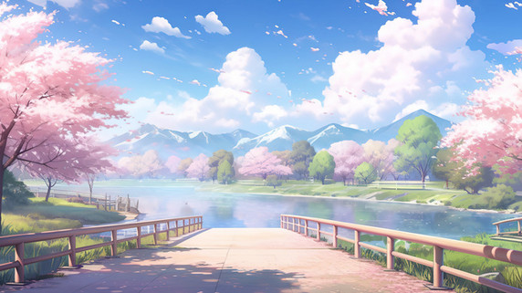 创意春天春季漫画浪漫唯美公园樱花大道原创插画