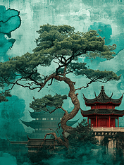 创意中国风古典中式意境庭院建筑风景插画9