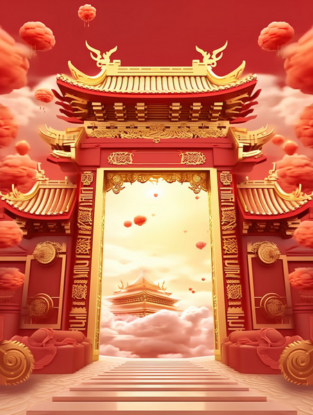 创意年货新年中国风国潮中式建筑红色大气背景