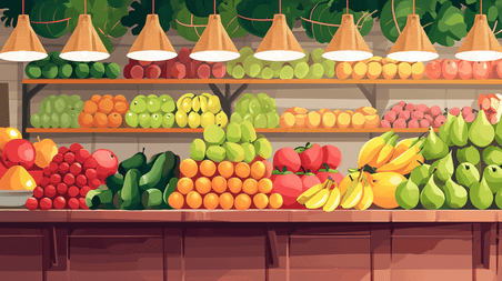 创意手绘水果店各式各样水果超市货架场景插画15