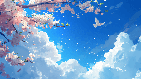 创意春天蓝天白云鸟儿樱花桃花天空背景