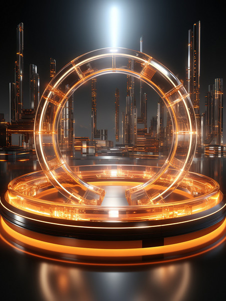 创意橙色圆形矩形发光科幻通道高科技黑金色背景