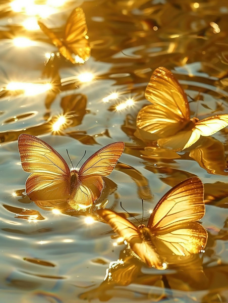 浪漫壁纸水面上闪闪发光橙色的蝴蝶插画