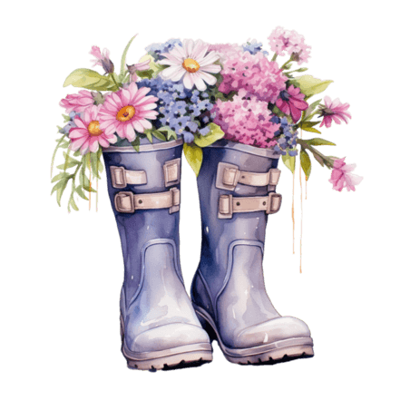 创意3d艺术胶鞋元素免抠图案水彩可爱雨鞋花朵