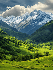 创意阿尔卑斯山鲜绿色的草地和白雪皑皑的山峰高山