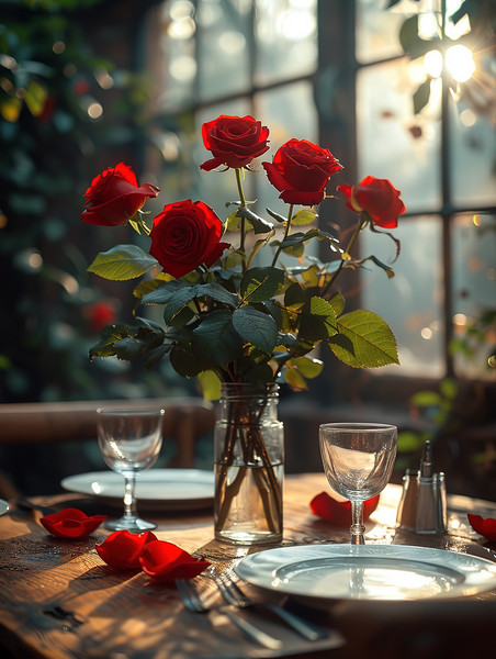 创意浪漫情人节桌子上摆满玫瑰设计约会