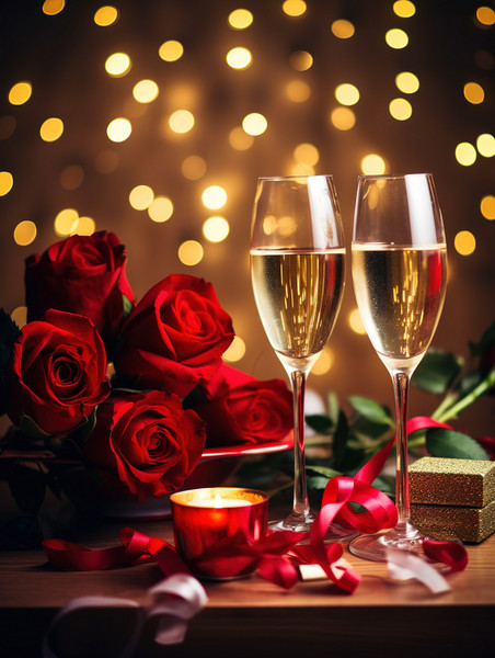 创意玫瑰和香槟庆祝情人节浪漫烛光晚餐