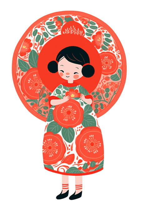 春节大吉大利创意迎新年剪纸元素女孩红色简笔画手绘