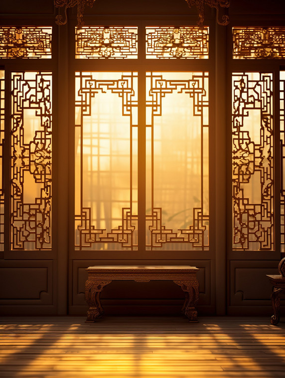 创意中式美学夕阳复古窗户光影传统建筑