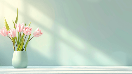 春天春季花朵植物郁金香创意简约绿色墙面有花瓶花朵的背景图13