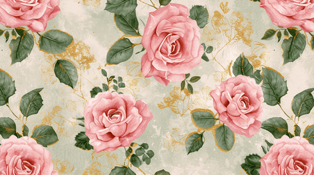 春天玫瑰花家纺面料花纹底纹背景粉色浪漫盛开的花朵插画6