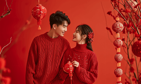 创意春节情侣红色毛衣拜年亚洲人像摄影