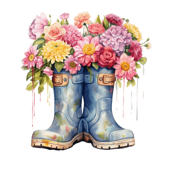 水彩可爱雨鞋花朵创意质感艺术胶鞋元素免抠图案
