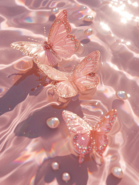 创意水池中珍珠水晶蝴蝶淡粉色粉色浪漫壁纸