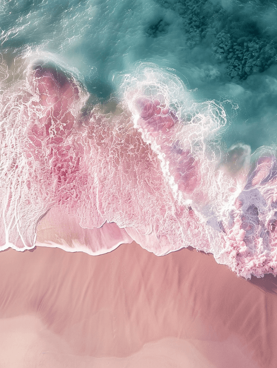 创意航拍俯视大海沙滩浪花粉色沙滩旅游