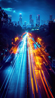 创意车流量城市公路灯光汽车夜间快速运动光束光线行驶城市车灯