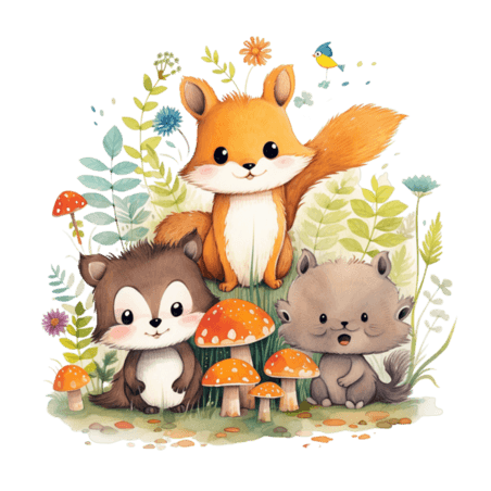 创意小动物绘本可爱童话松鼠素材丛林伙伴元素免抠图案