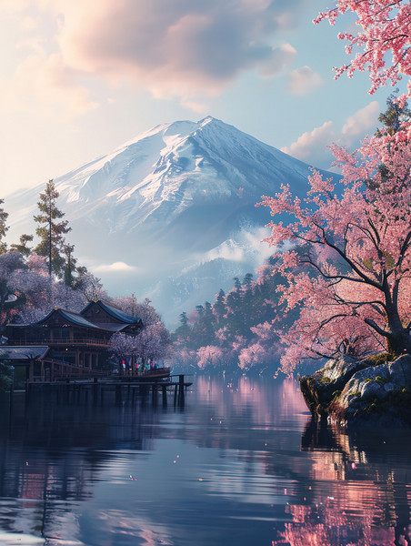 创意春天美丽的桃花林湖泊中国风雪山高山