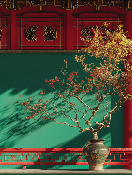 创意绿色复古中国手绘庭院建筑古风古院的插画6