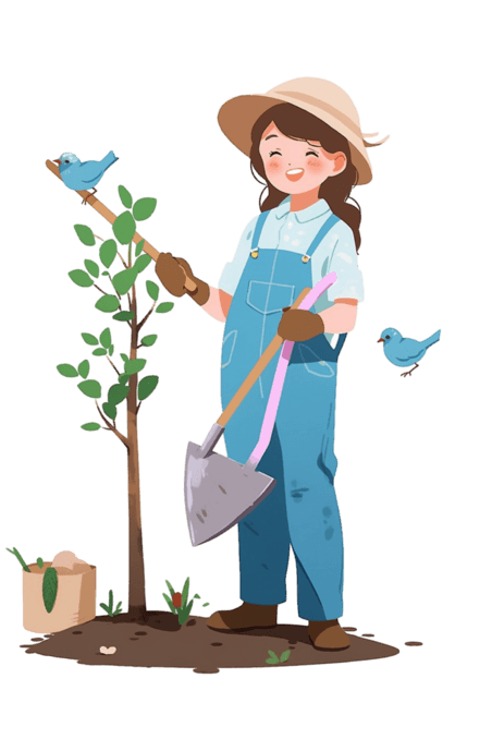 创意卡通手绘春天女孩植树种树植树节儿童卡通人物元素