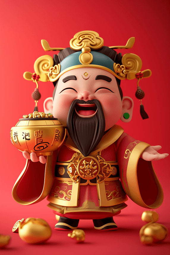 创意新年财神手绘元宝立体插画财神爷年初五