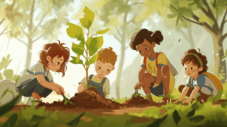 创意植树节卡通环保植树种树小朋友栽树插画1