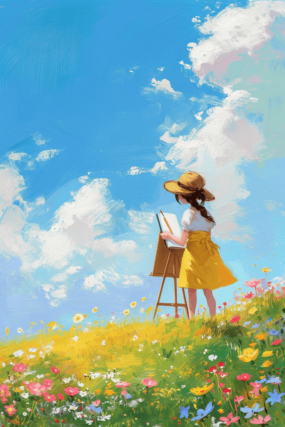 创意油画女孩春天山坡画画手绘插画