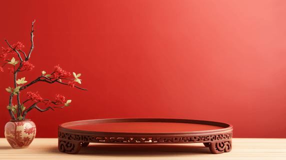 创意中式中国风红色托盘春节年货电商展示场景145