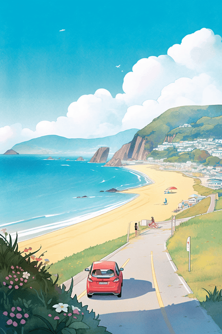 创意春天唯美插画海边度假旅游海岸线风景海报