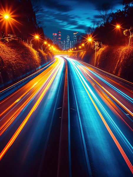 创意灯光汽车夜间快速运动车流量城市公路