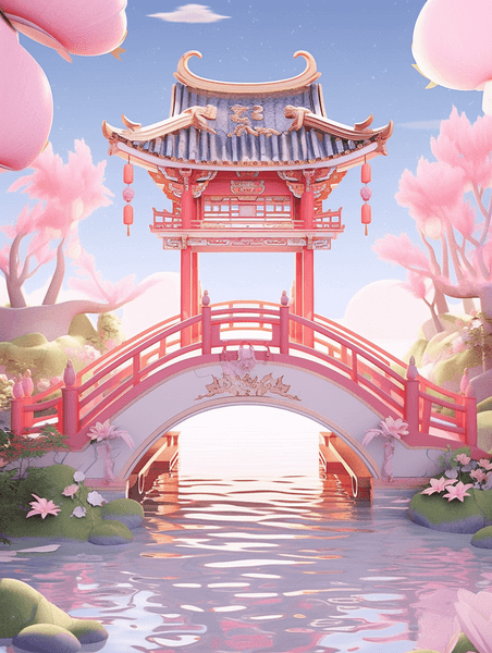 创意七夕情人节插画3D拱桥凉亭粉色系国潮中国风建筑场景