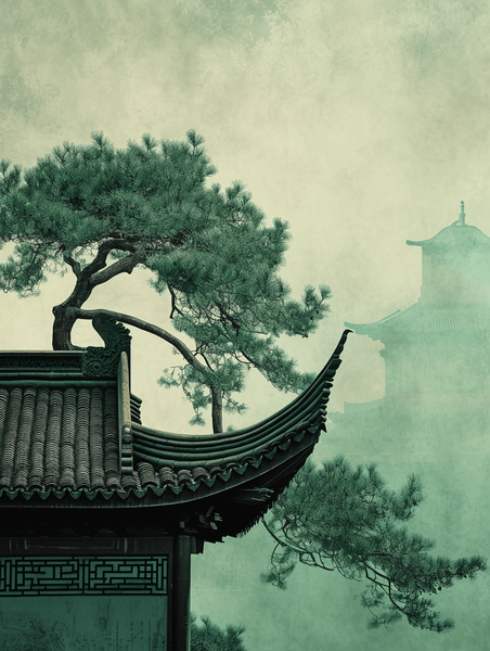 创意中国风古典建筑风景中式意境庭院插画4